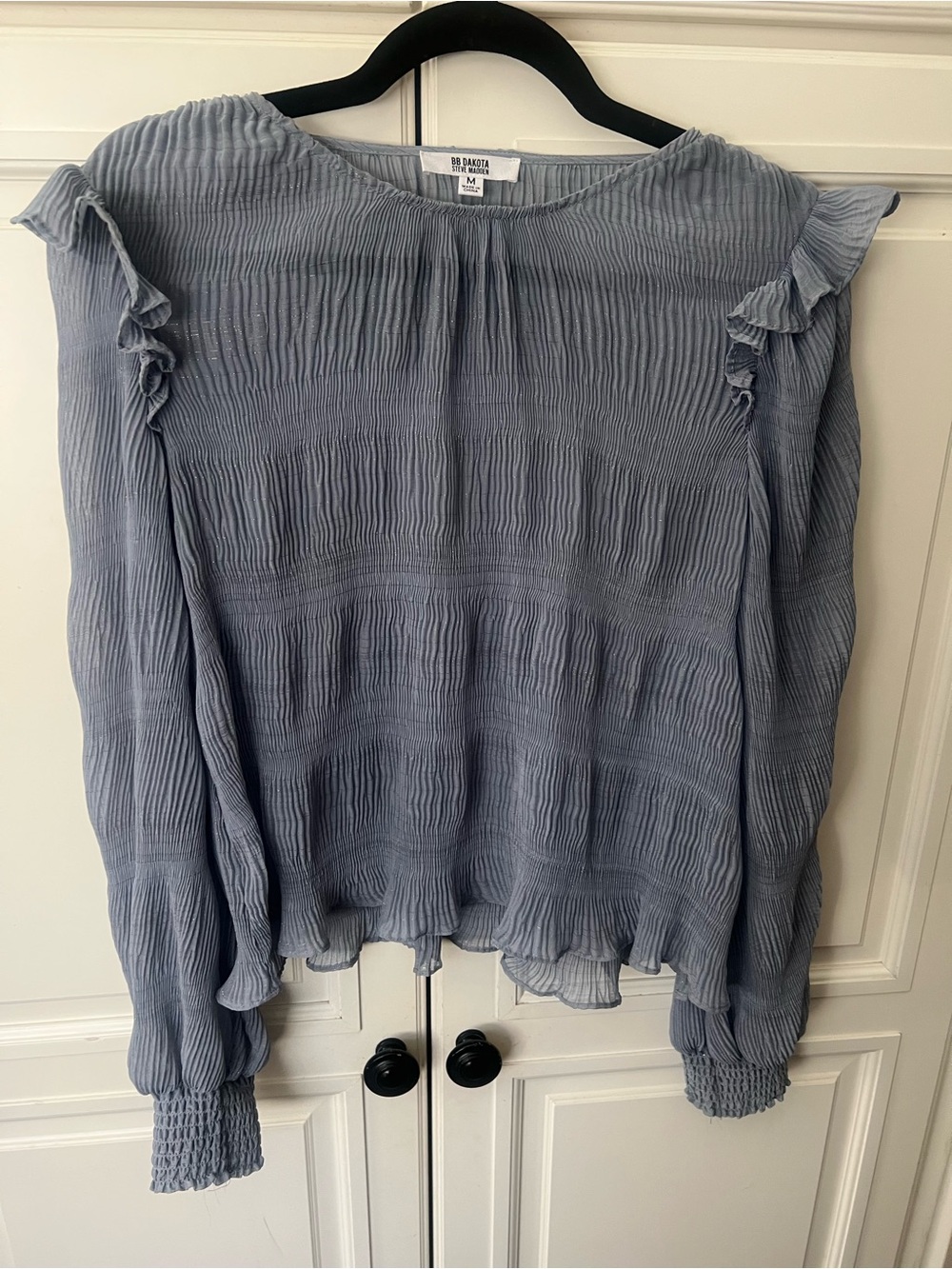 BB Dakota Soft Blue Pleated Ruffle Long-Sleeve Blouse